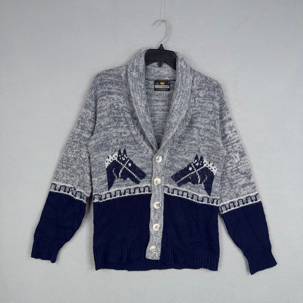 Vintage Sportswear Cardigan Mens Small Gray Horse Graphic Shawl Sweater Western